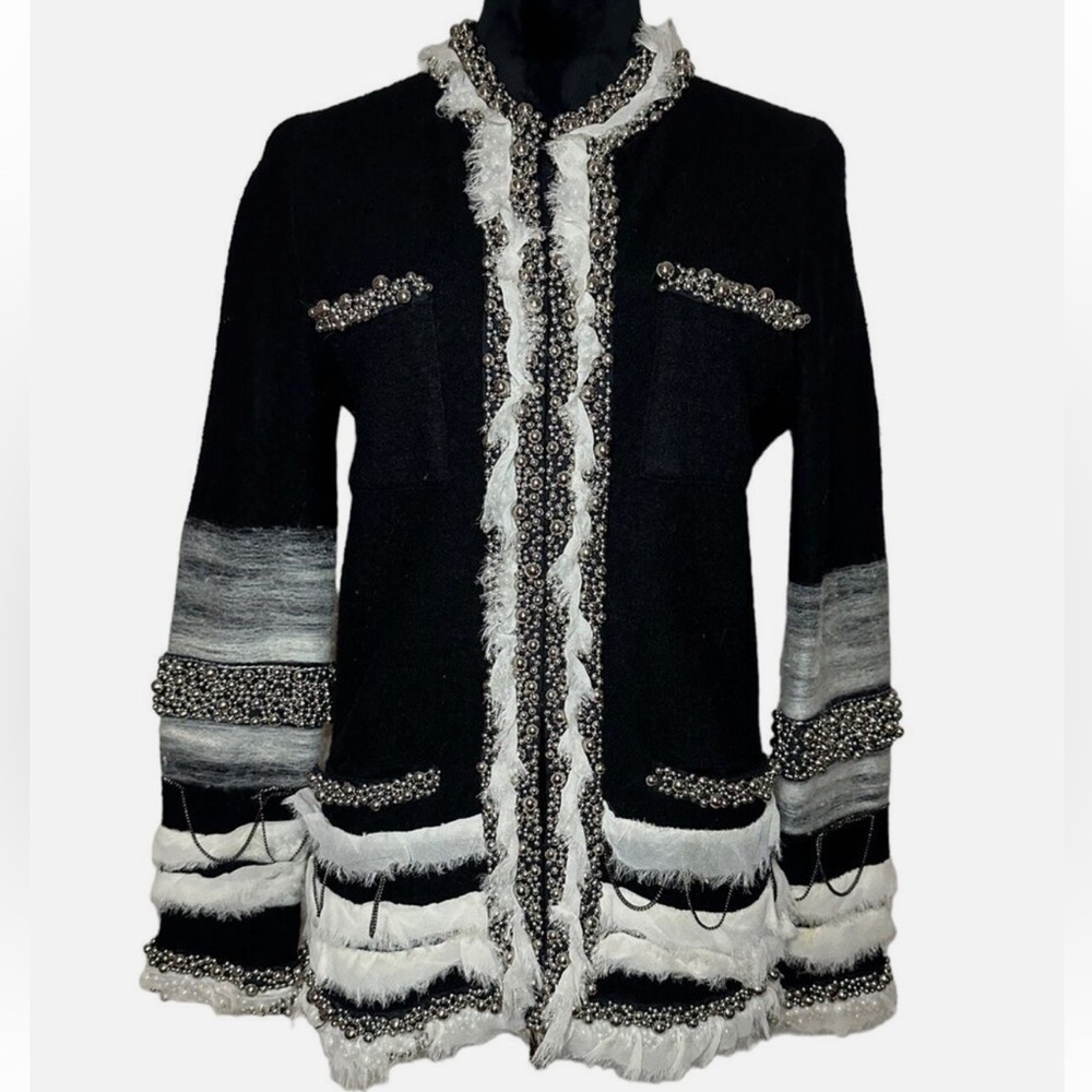 Rare Vintage DVF beaded Black and White Tweed Beaded Cardigan